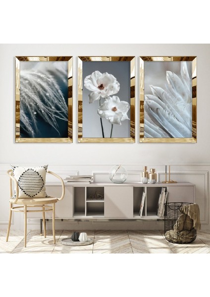 Beyaz Çiçek Gold Pleksi Kenar Mdf Tablo