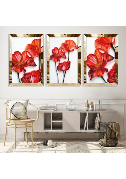 Kırmızı Çiçek Gümüş Pleksi Kenar Mdf Tablo