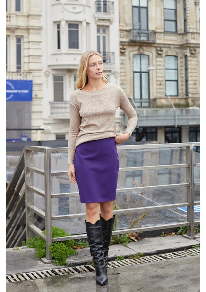 Kadın Desenli Triko Kayık Yaka Uzun Kol Yanları Yırtmaçlı Bluz-Camel modelleri