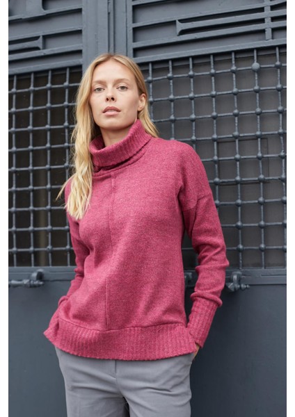 Kadın Degaje Balıkçı Yaka Uzun Kol Hafif Esnek Uzun Triko Kazak-Vişne