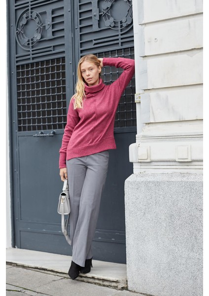 Kadın Degaje Balıkçı Yaka Uzun Kol Hafif Esnek Uzun Triko Kazak-Vişne fiyatları