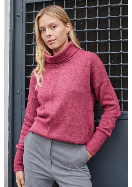 Kadın Degaje Balıkçı Yaka Uzun Kol Hafif Esnek Uzun Triko Kazak-Vişne modelleri