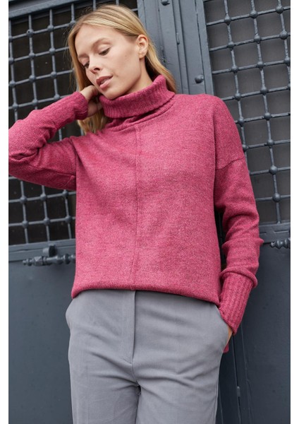 Kadın Degaje Balıkçı Yaka Uzun Kol Hafif Esnek Uzun Triko Kazak-Vişne fırsatları