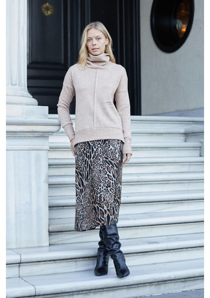 Kadın Degaje Balıkçı Yaka Uzun Kol Hafif Esnek Uzun Triko Kazak-Bej