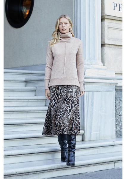 Kadın Degaje Balıkçı Yaka Uzun Kol Hafif Esnek Uzun Triko Kazak-Bej fiyatları