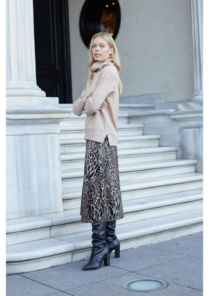 Kadın Degaje Balıkçı Yaka Uzun Kol Hafif Esnek Uzun Triko Kazak-Bej modelleri