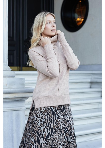 Kadın Degaje Balıkçı Yaka Uzun Kol Hafif Esnek Uzun Triko Kazak-Bej fırsatları