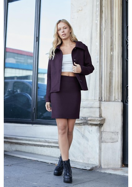 Yakalı Uzun Kol Düğmeli Hafif Esnek Kalın Kaşe Kısa Ceket Kaban-Mürdüm fiyatları