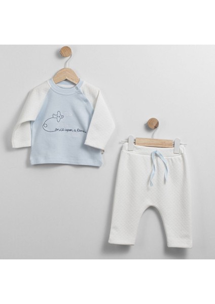 Erkek Bebek Beyaz Mavi Uçak Desenli 2'li Takım - 1014706