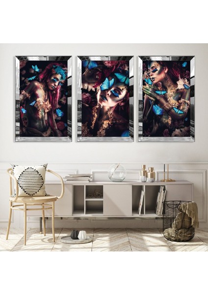 Mavi Kelebek Kadın Gümüş Pleksi Kenar Mdf Tablo