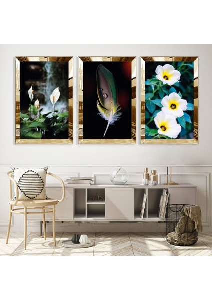 Beyaz Çiçek Gold Pleksi Kenar Mdf Tablo