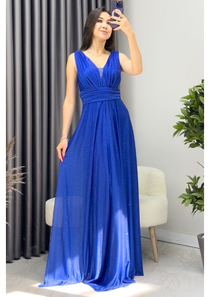 Kadın Sıfır Kol Transparan Detay Abiye Elbise Zümrüt Yeşil, Gold, Gri, Beyaz, Siyah, Saks, Koyu Lila, Gül Kurusu, Lila, Mor