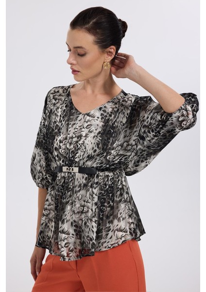 Ekol Çiçek Desenli Beli Süs Kemerli Gri Kadın Bluz 2167-2K5 fiyatları