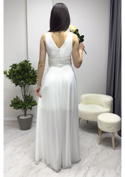 Kadın Sıfır Kol Transparan Detay Abiye Elbise Zümrüt Yeşil, Gold, Gri, Beyaz, Siyah, Saks, Koyu Lila, Gül Kurusu, Lila, Mor fırsatları