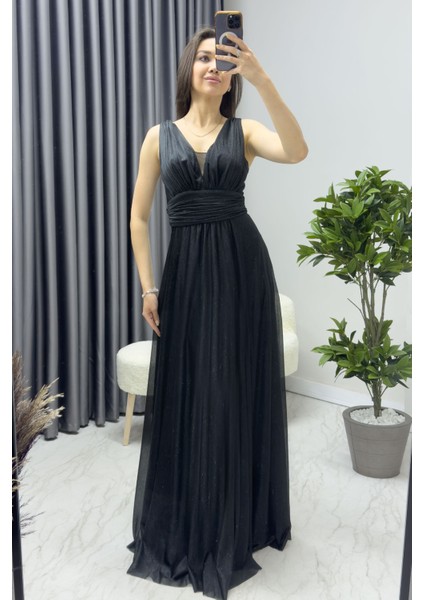 Kadın Sıfır Kol Transparan Detay Abiye Elbise Zümrüt Yeşil, Gold, Gri, Beyaz, Siyah, Saks, Koyu Lila, Gül Kurusu, Lila, Mor
