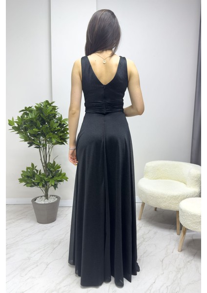 Kadın Sıfır Kol Transparan Detay Abiye Elbise Zümrüt Yeşil, Gold, Gri, Beyaz, Siyah, Saks, Koyu Lila, Gül Kurusu, Lila, Mor fırsatları
