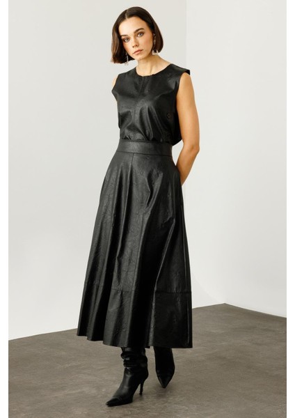 Parçalı Maxi Boy Siyah Deri Etek 44210-2K5