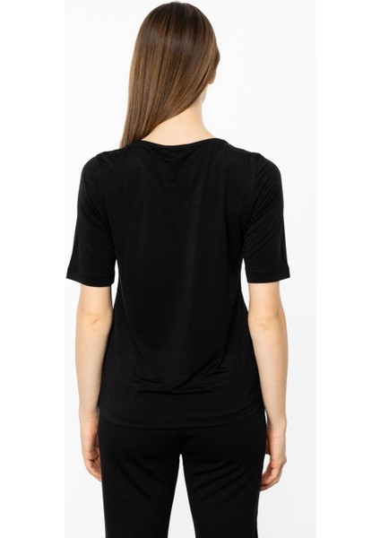 V Yaka Yakası Taşlı Siyah Kadın Tişört 41396-2K5 fırsatları