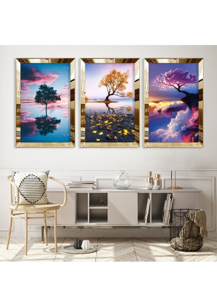 Renkli Ağaçlar Gümüş Pleksi Kenar Mdf Tablo