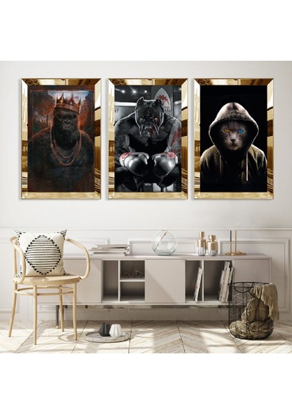 Güçlü Hayvanlar Gold Pleksi Kenar Mdf Tablo