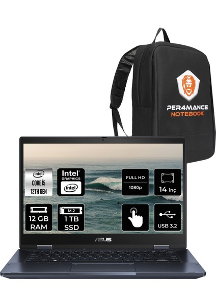 Expertbook B3 Flip Intel Core I5 1235U 12GB 1tb SSD 14" Fhd Fdos Touch Taşınabilir Bilgisayar & Per4 Çanta B3402I58512B1DP308