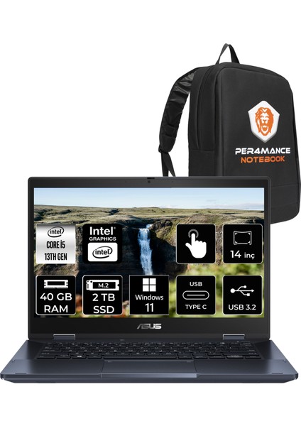 Expertbook B3 Flip Intel Core I5 1335U 40GB 2tb SSD 14" Fhd W11H Touch Taşınabilir Bilgisayar & Per4 Çanta B3402I58512S0DP349
