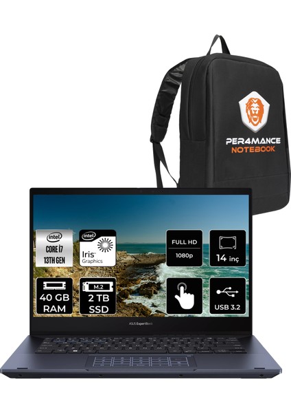 Expertbook B5 Flip Intel Core I7 1360P 40GB 2tb SSD 14" Fhd Fdos Touch Taşınabilir Bilgisayar & Per4 Çanta B5402I7161TBB1DP319