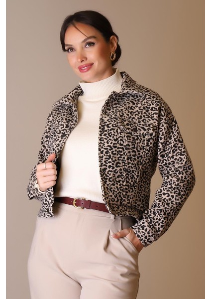 Kahve Leopar Uzun Kollu Kadın Ceket 184-2k5