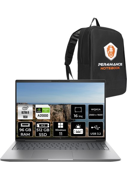 Zbook Power G11 Intel Core Ultra 9 185H 96GB 512GB SSD Rtx A2000/8GB 16'' Qhd+ W11P Mobil Iş Istasyonu & Per4 Çanta 8T0V5EAPN377