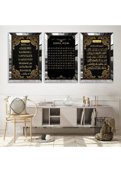 Esmaül Hüsna, Ayetel Kürsi, Fatiha Süresi Dini Gold Pleksi Kenar Mdf Tablo