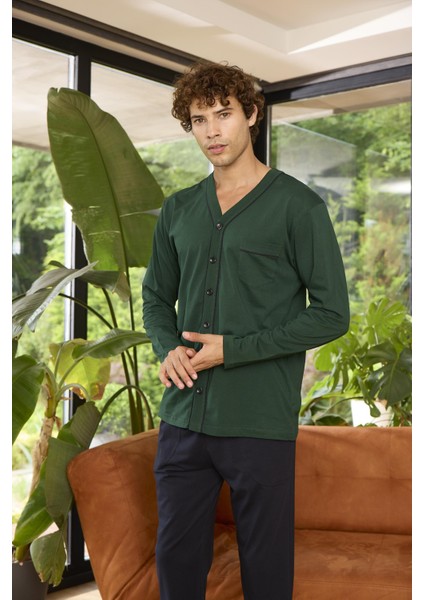 Erkek Önden Düğmeli Uzun Kol Pamuk Pijama Takım 9267