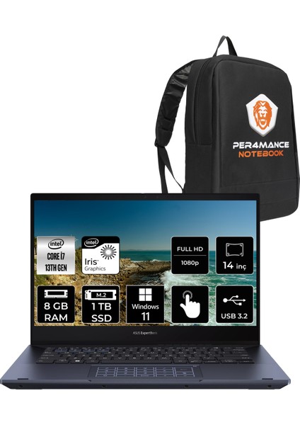 Expertbook B5 Flip Intel Core I7 1360P 8gb 1tb SSD 14" Fhd W11H Touch Taşınabilir Bilgisayar & Per4 Çanta B5402I7161TBB1DP323