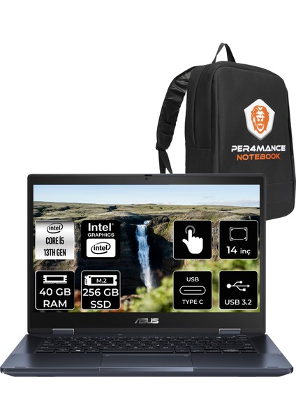 Expertbook B3 Flip Intel Core I5 1335U 40GB 256GB SSD 14" Fhd Fdos Touch Taşınabilir Bilgisayar & Per4 Çanta B3402I58512S0DP321