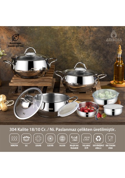 12 Parça Star Prime Paslanmaz Çelik Tencere Seti & Çelik Saklama Kabı