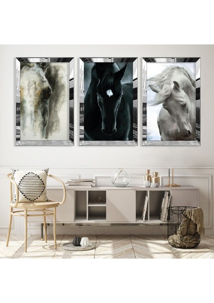 Siyah Beyaz At Gümüş Pleksi Kenar Mdf Tablo