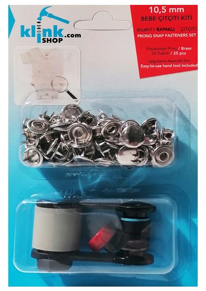 Çıtçıt 10,5 mm Kapaklı Klikıt Bebe Çıtçıt Kendin Yap Kiti. Bebek Giyim, Gömlek, Triko, Esnek ve ince Kumaşlar için Çekiçle Uygulama Aparatları ve Gümüş Renk 25 Adet Çıtçıt