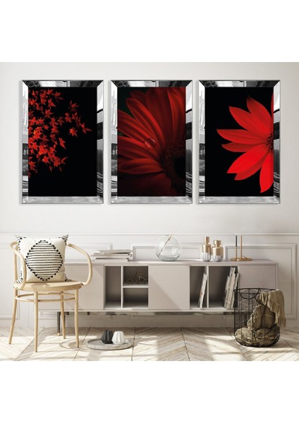 Kırmızı Çiçek Gümüş Pleksi Kenar Mdf Tablo