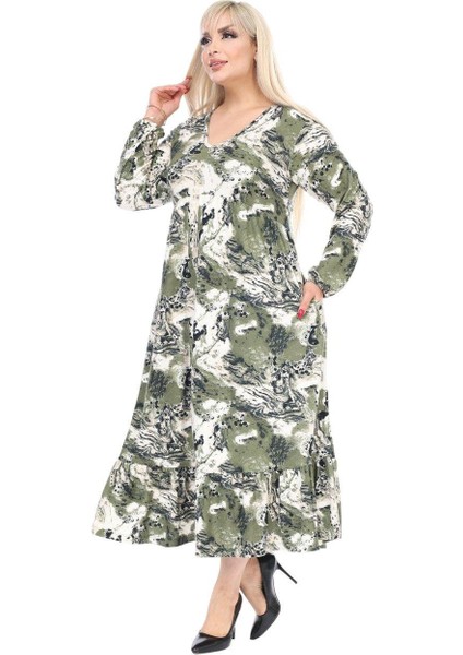 Butik Kışlık Robalı Yumoş Uzun Kollu Yeşil Batik Desenli Cepli Elbise fiyatları