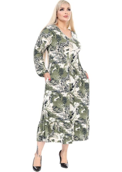 Butik Kışlık Robalı Yumoş Uzun Kollu Yeşil Batik Desenli Cepli Elbise indirimleri