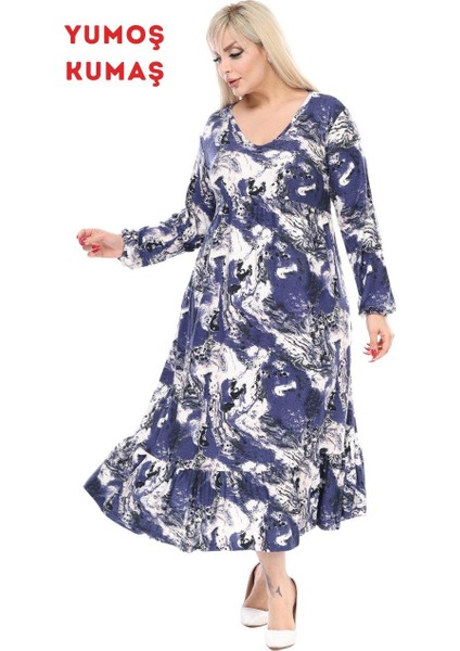 Butik Kışlık Robalı Yumoş Uzun Kollu Mavi Batik Desenli Cepli Elbise