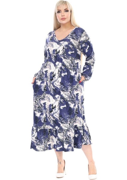 Butik Kışlık Robalı Yumoş Uzun Kollu Mavi Batik Desenli Cepli Elbise fiyatları