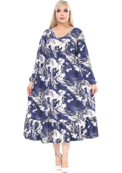 Butik Kışlık Robalı Yumoş Uzun Kollu Mavi Batik Desenli Cepli Elbise modelleri