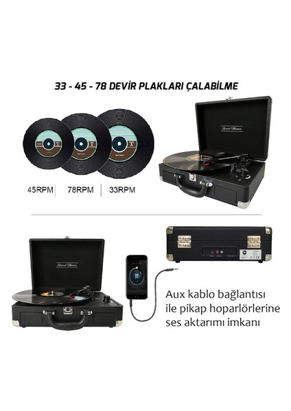 *ücretsiz Kargo Record Master T310CH Şarj Özellikli Pikap - 33, 45, 78 Devir T310CH- Siyah