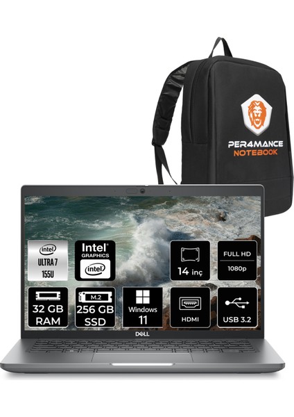 Latitude 5450 Intel Core Ultra 7 155U 32GB 256GB SSD 14'' Fhd W11H Taşınabilir Bilgisayar & Per4 Çanta N012L545014UP356