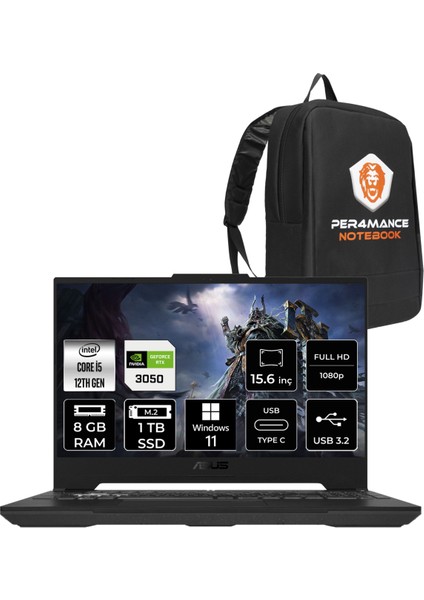 Tuf Gaming F15 Intel Core I5 12500H 8gb 1tb SSD RTX3050/4GB 95W 15.6" Fhd 144Hz Windows 11 Home Taşınabilir Bilgisayar & Per4 Çanta HN081P353