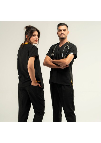 Core Flex Lüks Likralı Unısex Siyah Altüst Doktor Hemşire Uniforma Scrubs fiyatları