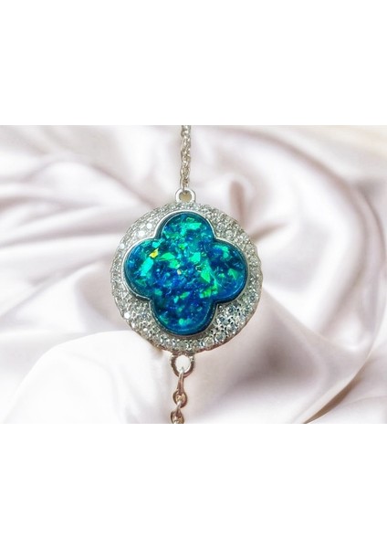 Yonca Mavi Opal Doğal Taşlı 925 Ayar Gümüş Bileklik