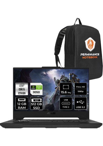 Tuf Gaming F15 Intel Core I5 12500H 12GB 512GB SSD RTX3050/4GB 95W 15.6" Fhd 144Hz Fdos Taşınabilir Bilgisayar & Per4 Çanta HN158P307