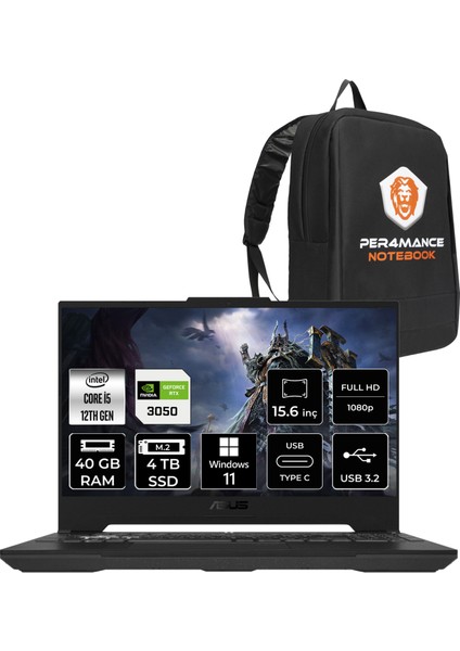Tuf Gaming F15 Intel Core I5 12500H 40GB 4tb SSD RTX3050/4GB 95W 15.6" Fhd 144Hz Windows 11 Home Taşınabilir Bilgisayar & Per4 Çanta HN081P390