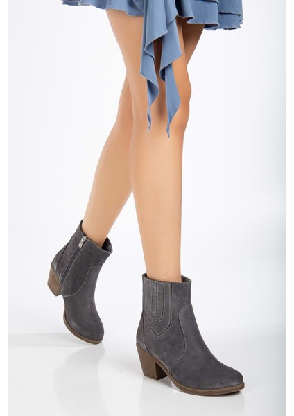 Kadın Deri Dikiş Detaylı Lastikli Süet Kovboy Topuklu Bot - Gri Süet fiyatları